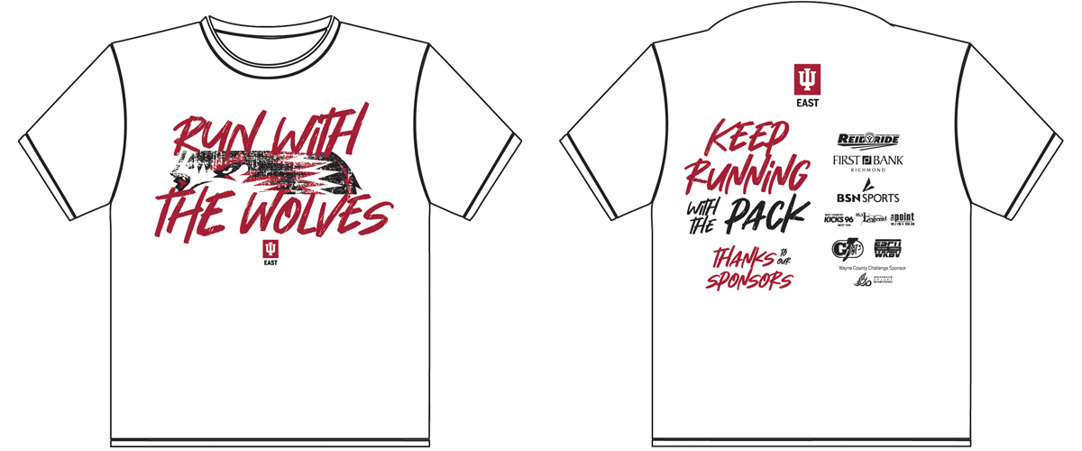 IU East Run with the Wolves 5K t-shirt—Keep running with the pack—Thanks to our Sponsors