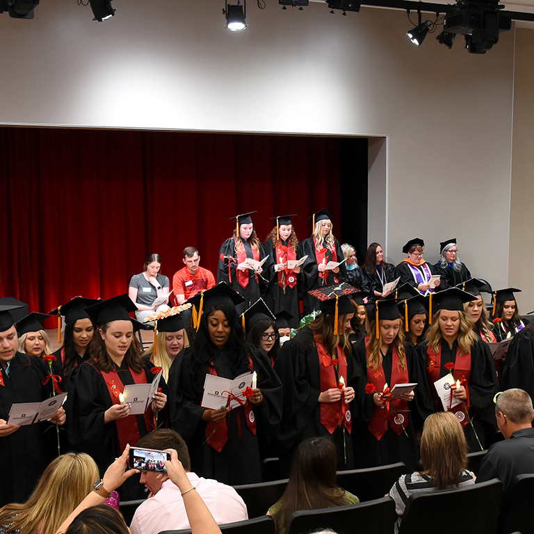 The IU East School of Nursing and Health Sciences hosts its pinning ceremony for Bachelor of Science in Nursing graduates ahead of the Commencement Ceremony on May 13 in Vivian Auditorium in Whitewater Hall.