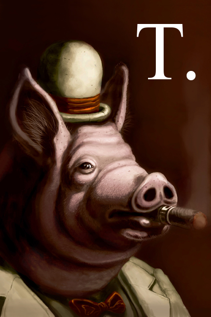 Tributaries cover, a portrait of a pig in formal clothing, smoking a cigar.